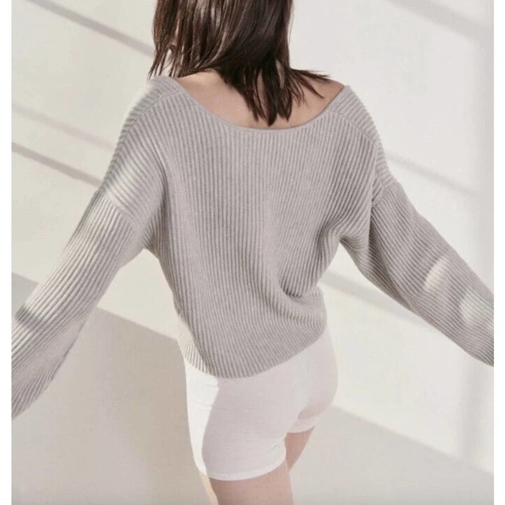 Lunya Cozy Cotton Silk Reversible Ribbed Pullover Sweater Mellow Grey Heather - Picture 3 of 15